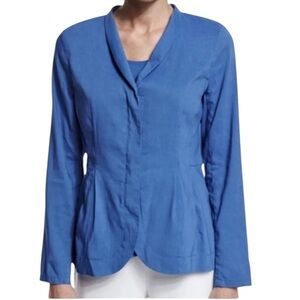 Eileen Fisher Blue Organic Linen Shawl Collar Peplum Jacket Blazer Size Large